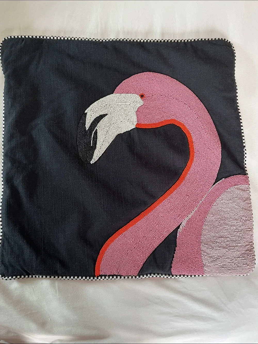 Mackenzie Childs flamingo beaded pink pillow sham bird coral cotton reversible